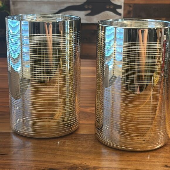 Crate & Barrel Glass Silver Stripe Pillar Pair of Candle Holders - Picture 1 of 8
